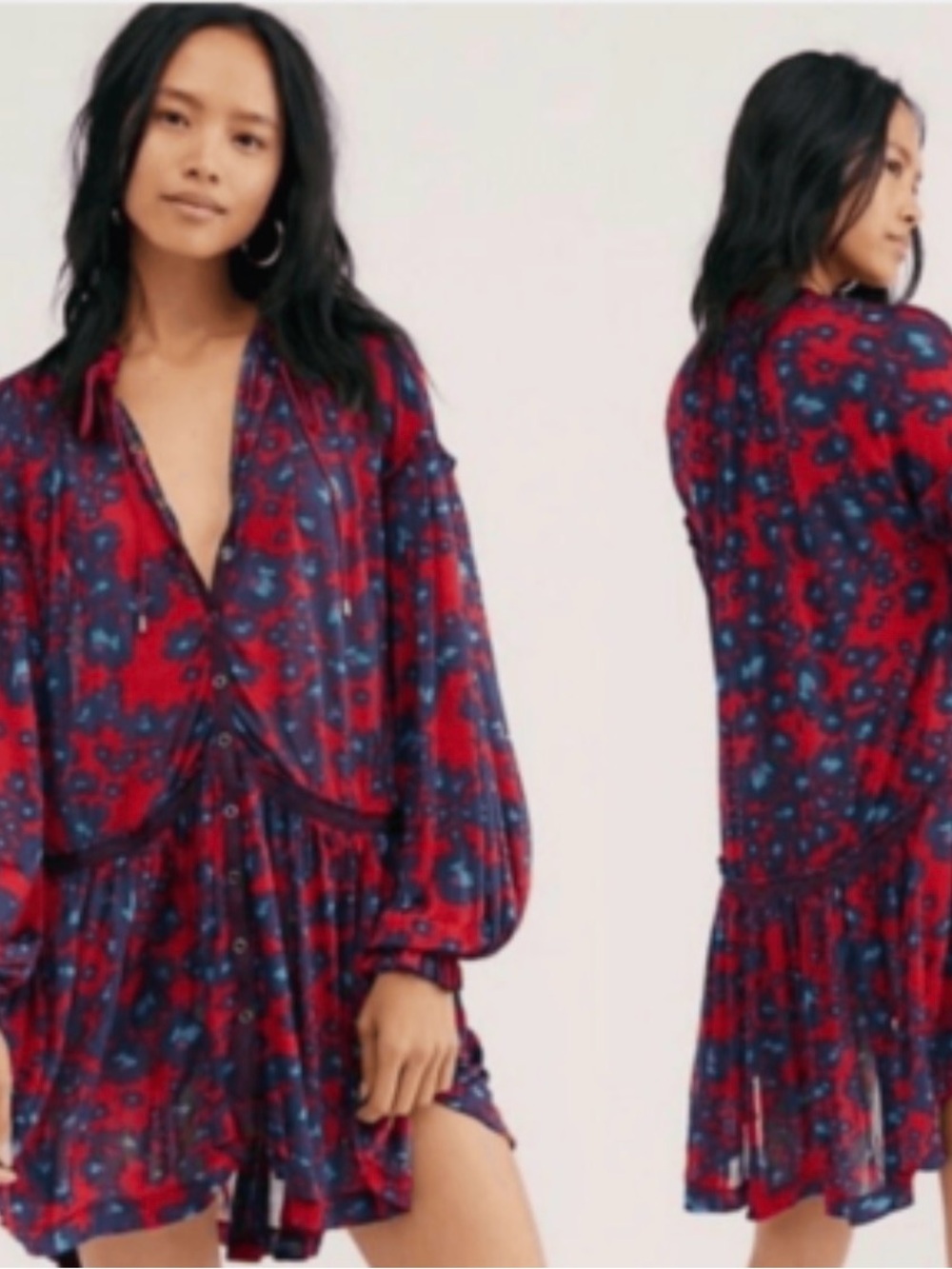 Free People Red Floral Long Sleeve Mini Dress with Blue Accents